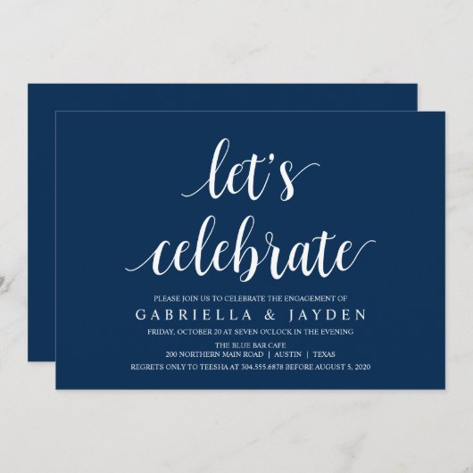Modern Rustic, Navy Blue script, Engagement Party Kaart (Voorkant / Achterkant)