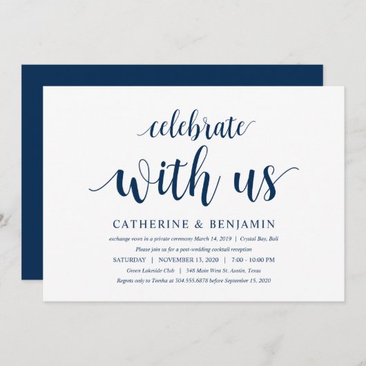 Modern Rustic, Navy Blue Script, Wedding Elopement Kaart (Voorkant / Achterkant)