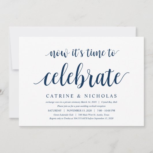 Modern Rustic, Navy Blue Script, Wedding Elopement Kaart (Voorkant)