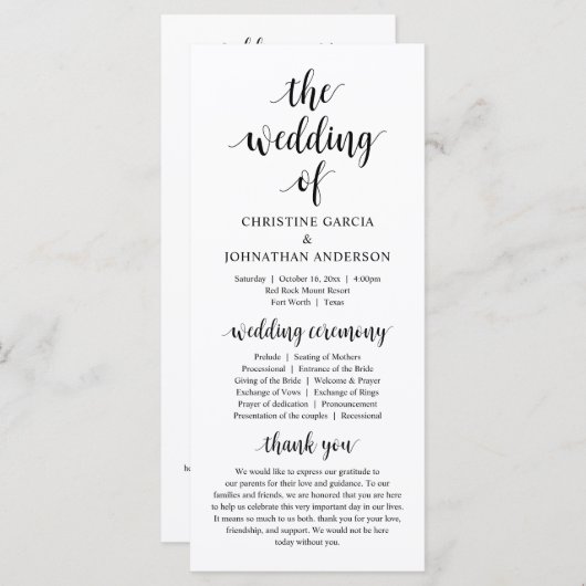 Modern rustic script, Wedding Ceremony Program Programma (Voorkant / Achterkant)