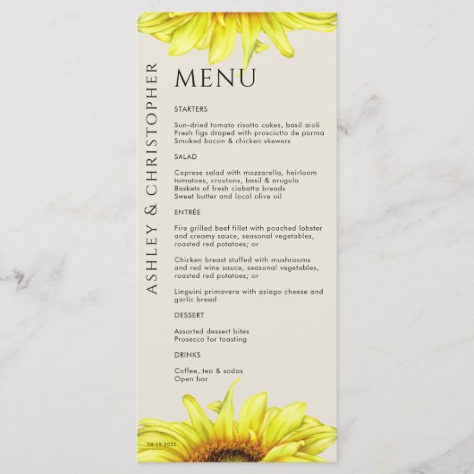 Modern Rustic Sunflower Wedding Menu (Voorkant)