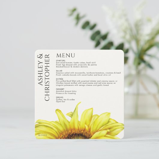 Modern Rustic Sunflower Wedding Menu (Staand voorkant)