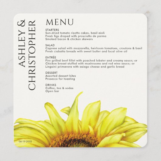 Modern Rustic Sunflower Wedding Menu (Voorkant)