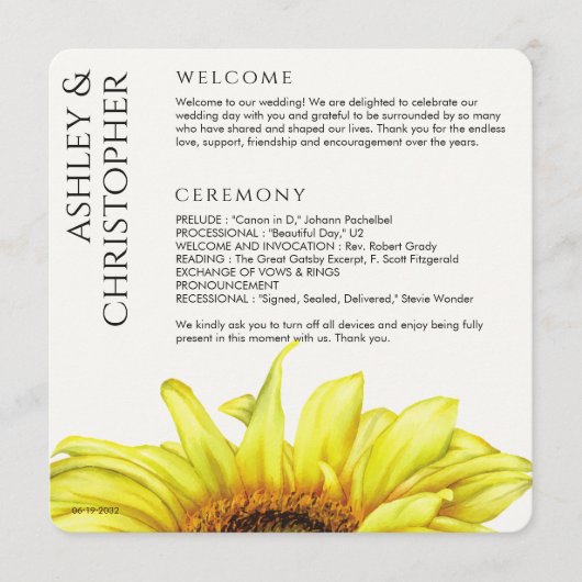Modern Rustic Sunflower Wedding Programma (Voorkant)