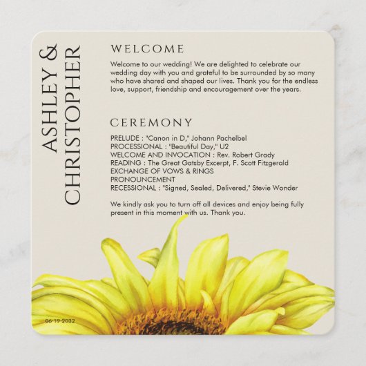 Modern Rustic Sunflower Wedding Programma (Voorkant)