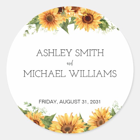 Modern Rustic Sunflower Yellow Wedding Ronde Sticker (Voorkant)