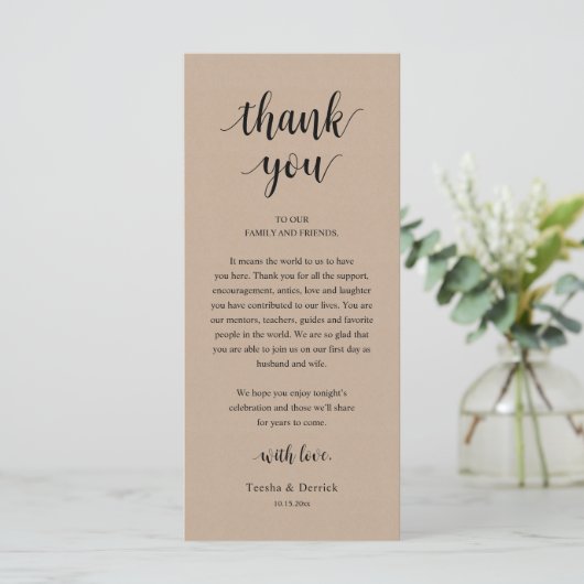 Modern Rustic Wedding Dinner Thank You Card Programma (Staand voorkant)