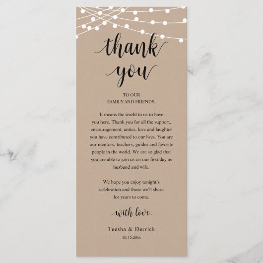 Modern Rustic Wedding Dinner Thank You Card Programma (Voorkant)