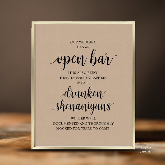 Modern Rustic Wedding Open Bar Drunken Shenanigans Poster
