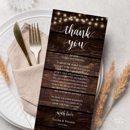 Modern Rustic Wedding Reception Thank You Card Programma