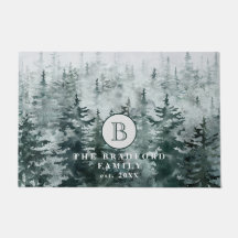 Modern Rustic Winter Green Forest Family Monogram