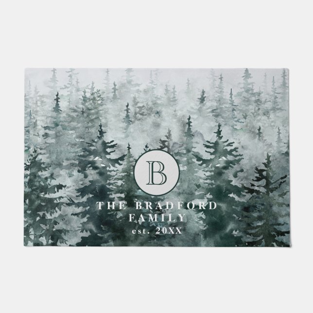 Modern Rustic Winter Green Forest Family Monogram Deurmat (Voorkant)