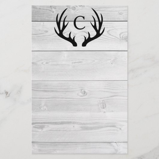 Modern Rustic Wood & Black Deer Antlers | Monogram Briefpapier (Voorkant)