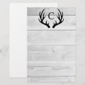 Modern Rustic Wood & Black Deer Antlers | Monogram Briefpapier (Voorkant / Achterkant)