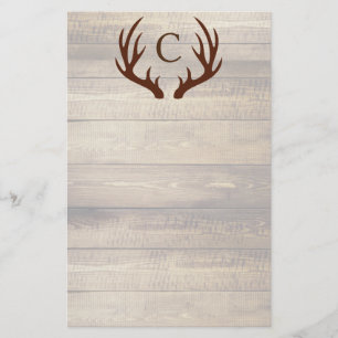 Modern Rustic Wood & Brown Deer Antlers   Monogram Briefpapier