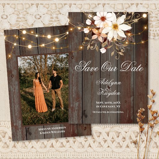 Modern Rustic Wood Floral Lights Wedding Save The Date