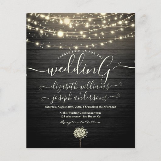 Modern Rustic Wood & White Lights String bruiloft Flyer (Voorkant)