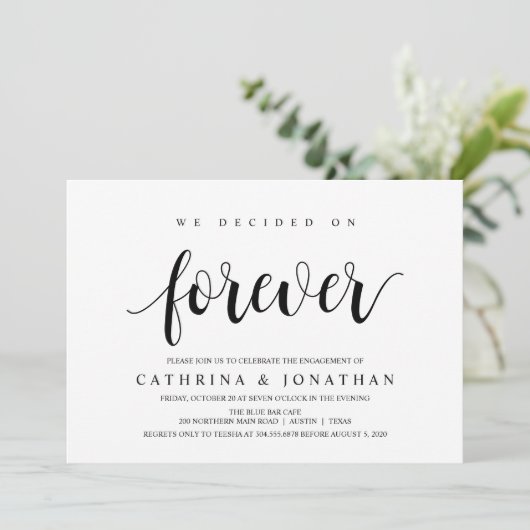 Modern Rustic, zwart script, Engagement Party Kaart (Staand voorkant)