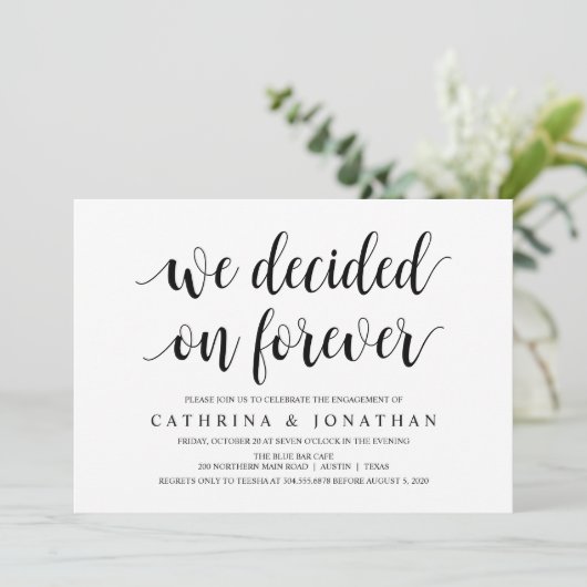 Modern Rustic, zwart script, Engagement Party Kaart (Staand voorkant)