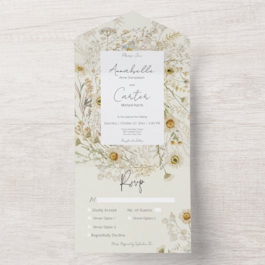 Modern rustiek gedroogd madeliefjes bloemendiner all in one uitnodiging (Binnen)