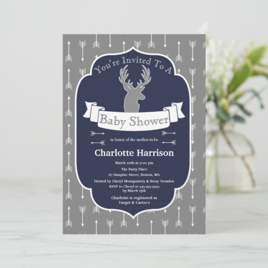 Modern rustiek grijs & marinehert & pijltje Baby s Kaart (Staand voorkant)