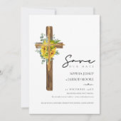 Modern rustiek hout kruis bloem groen bruiloft save the date (Voorkant)