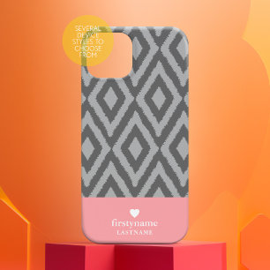 Modern Rustiek Ikat Grijs Koraal Hart Monogram iPhone 16 Hoesje