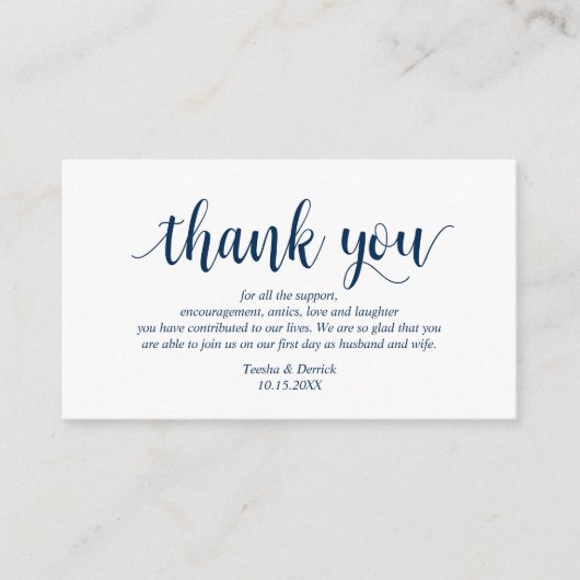 Modern Rustiek Marine Blauw Script, Wedding Dank u Informatiekaartje (Voorkant)