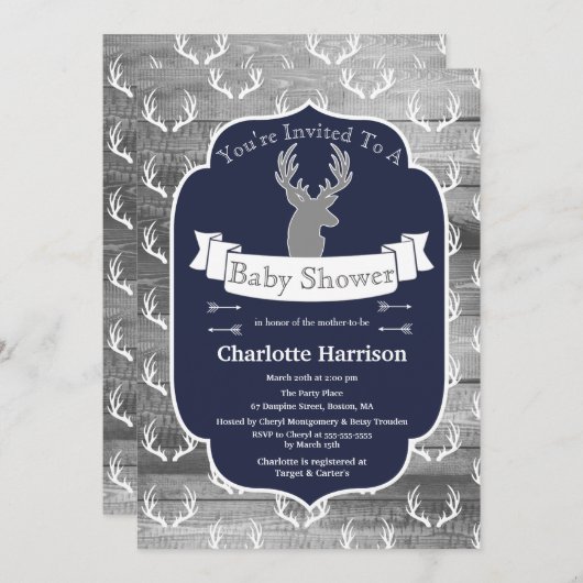 Modern rustiek marinehert & grijs hout Baby shower Kaart (Voorkant / Achterkant)