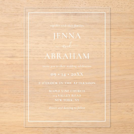 Modern rustiek minimaal elegant acryl uitnodigingen (Voorkant)
