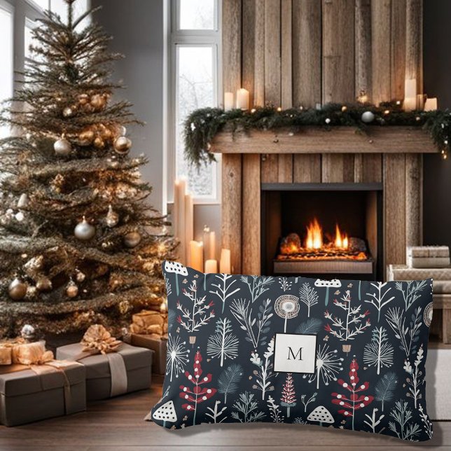 Modern rustiek vakantiepatroon monogram Kerstmis Kussen (Modern rustic holiday pattern monogram Christmas Lumbar Pillow. Cosy pillow for the Holiday season.)