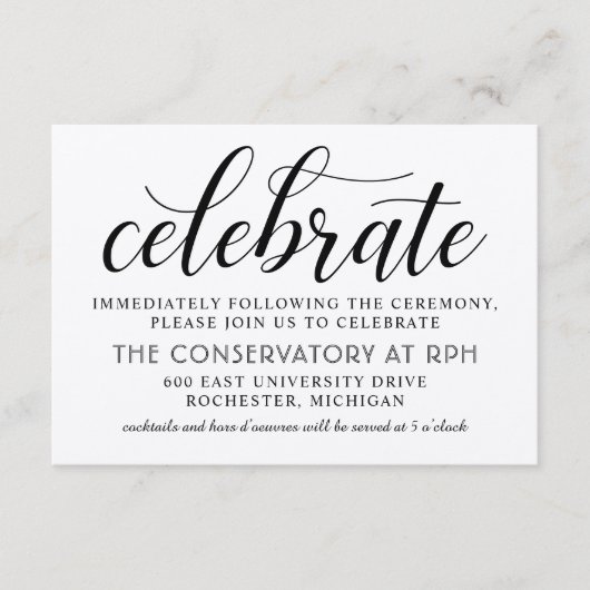 Modern rustiek zwart script bruiloft receptie informatiekaartje (Voorkant)