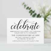 Modern rustiek zwart script bruiloft receptie informatiekaartje (Staand voorkant)