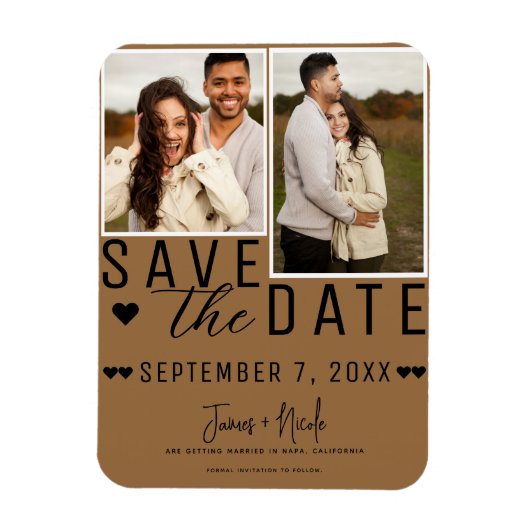 Modern Saddle Brown Save the Date 2 Foto Bruiloft Magneet (Verticaal)