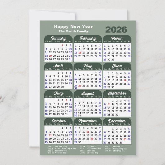 Modern Sage Green 2025 Kalender Minimalistisch Scr Feestdagenkaart (Voorkant)