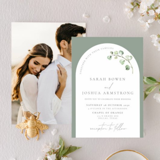 Modern Sage Green Arch Botanical Photo Wedding Inv Kaart