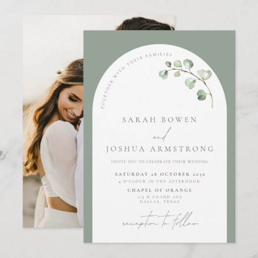 Modern Sage Green Arch Botanical Photo Wedding Kaart (Voorkant / Achterkant)