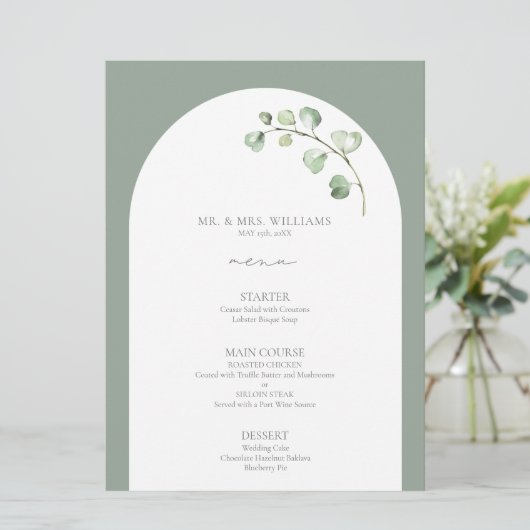 Modern Sage Green Arch Botanical Script Weddenscha Menu (Staand voorkant)