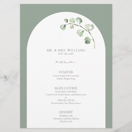 Modern Sage Green Arch Botanical Script Weddenscha Menu (Voorkant)