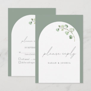 Modern Sage Green Arch Botanical Script Weddenscha RSVP Kaartje