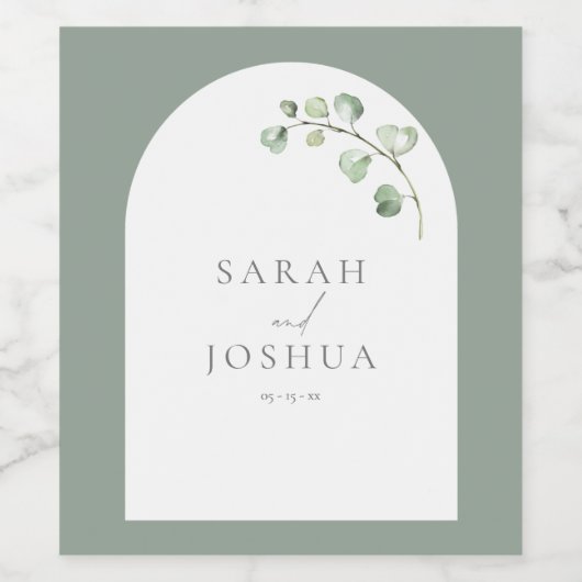 Modern Sage Green Arch Botanical Script Weddenscha Wijn Etiket (Enkel label)