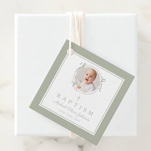 Modern Sage Green Baptism Photo Bedankjes Labels