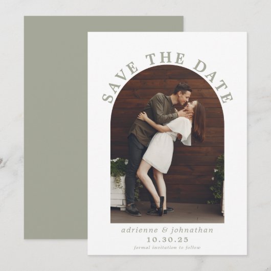 Modern Sage Green Boho Arch Photo Wedding Save The Date (Voorkant / Achterkant)
