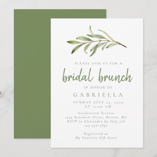 Modern Sage Green Botanical Bridal Brunch Kaart (Voorkant / Achterkant)