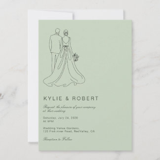 Modern Sage Green Bride & Groom Sketch Wedding Kaart
