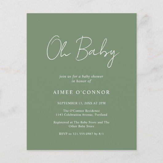 Modern Sage Green Budget Baby shower Invitation (Voorkant)