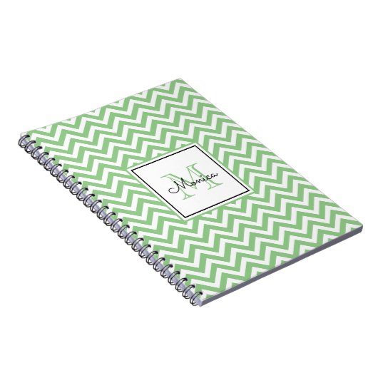 Modern Sage Green Chevron Pattern met Monogram Notitieboek (Rechterzijde)
