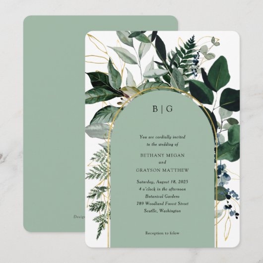 Modern Sage green elegant arch garden Invitation Kaart (Voorkant / Achterkant)
