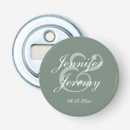 Modern Sage Green Elegant White Script Wedding Button Flesopener