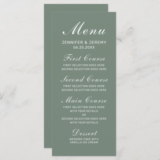Modern Sage Green Elegant White Script Wedding Menu (Voorkant / Achterkant)